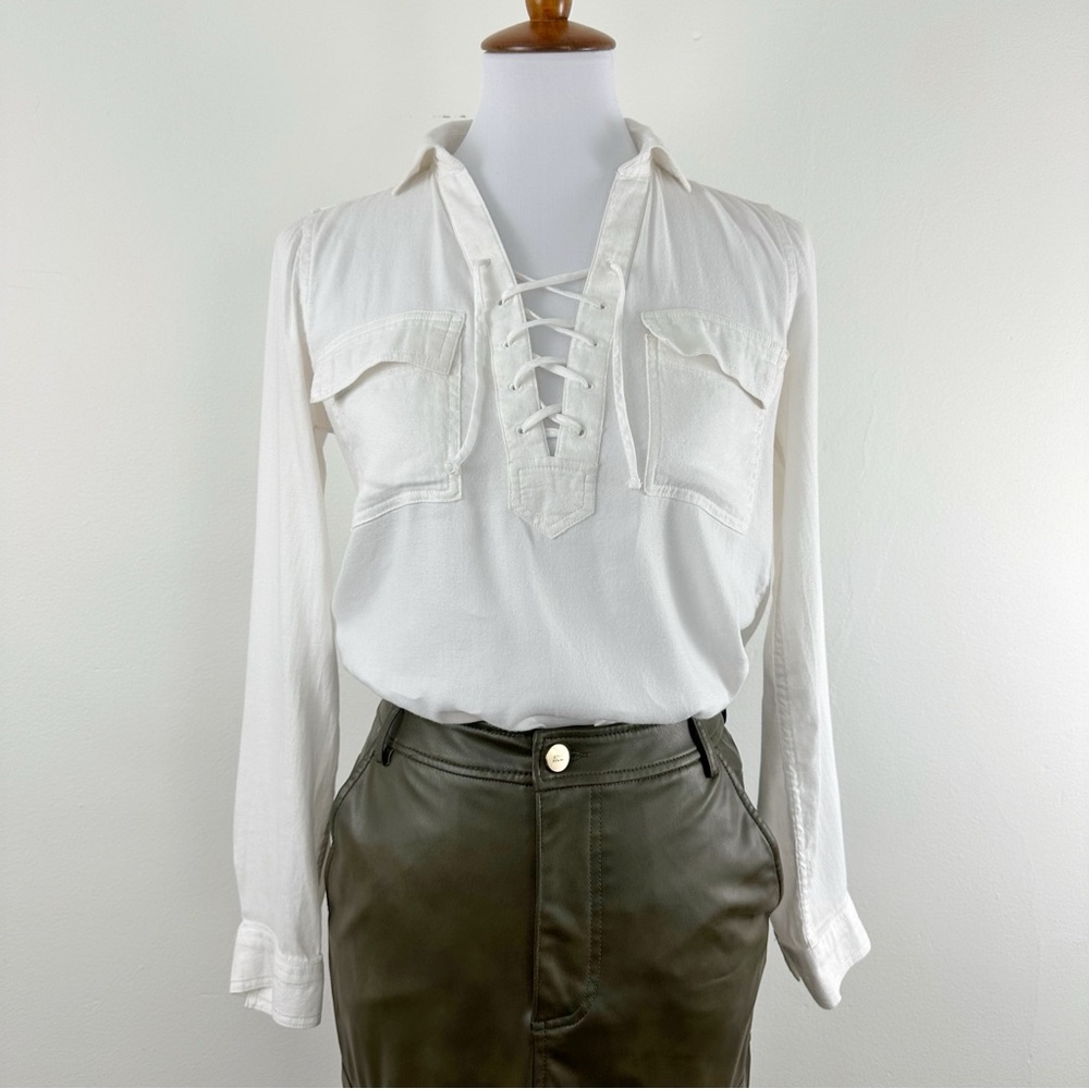 SO Utility Lace-Up Top Small White Lightweight Long Sleeve